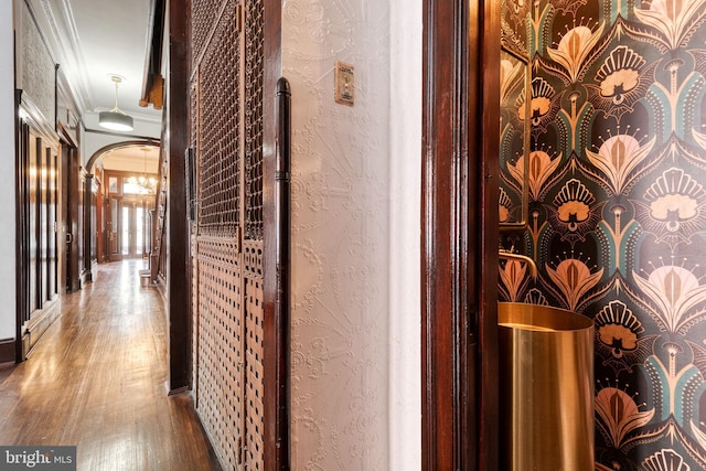 corridor with crown molding and hardwood / wood-style flooring