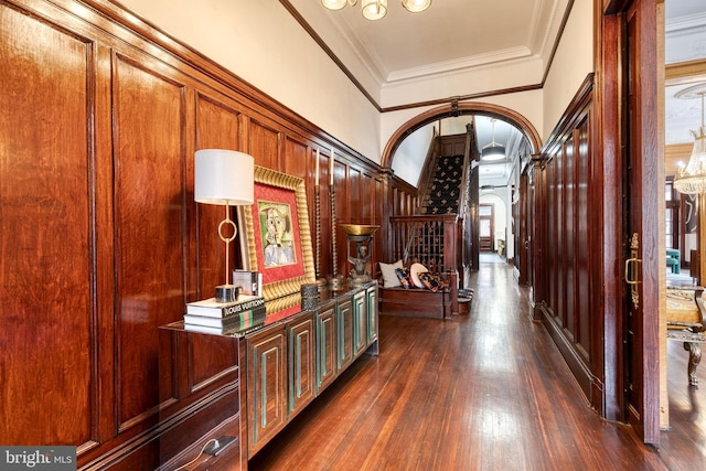 corridor featuring ornamental molding and dark hardwood / wood-style floors