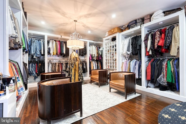 walk in closet with dark wood-type flooring