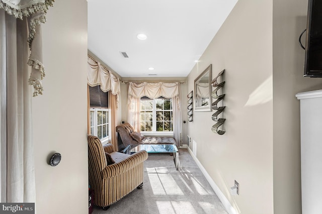 sitting room featuring carpet flooring