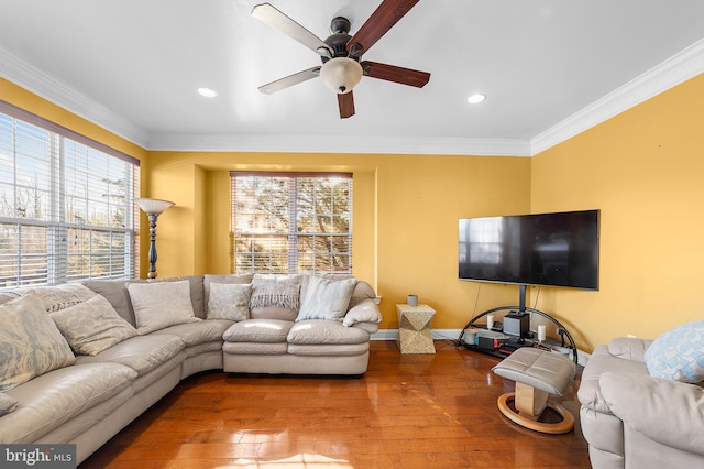 living room featuring a wealth of natural light, ornamental molding, and hardwood / wood-style flooring