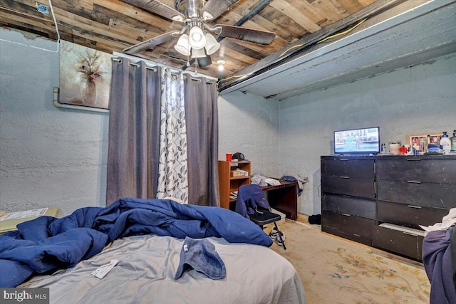 bedroom featuring ceiling fan and wood ceiling