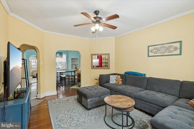 living room with dark hardwood / wood-style floors, ceiling fan, and crown molding