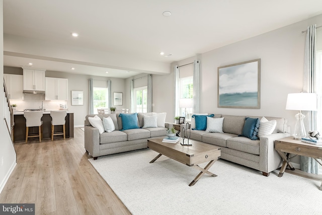 living room with light hardwood / wood-style flooring