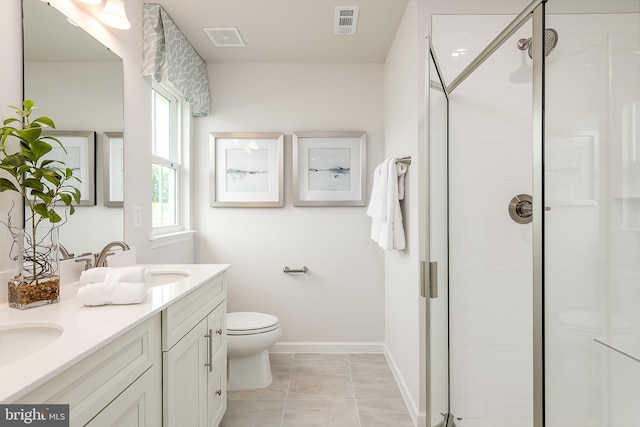 bathroom with tile patterned flooring, vanity, toilet, and walk in shower