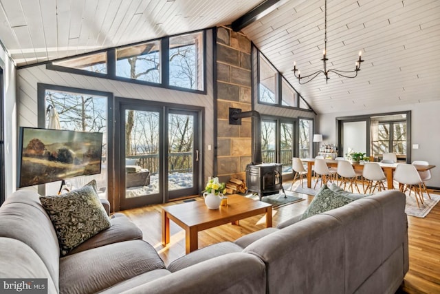 living room with high vaulted ceiling, wood-type flooring, a wood stove, and wood ceiling