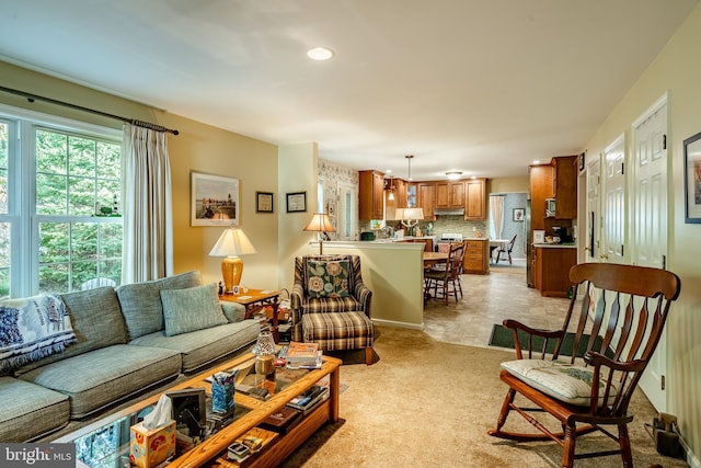 living room with light colored carpet