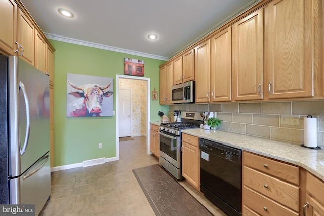 kitchen with light stone countertops, backsplash, appliances with stainless steel finishes, and ornamental molding