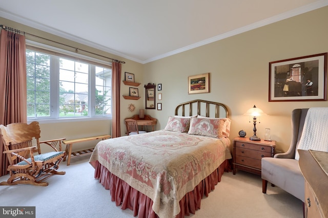 bedroom with carpet flooring and crown molding