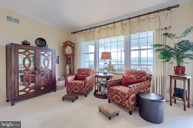 living area featuring carpet flooring, a wealth of natural light, and crown molding