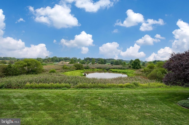 view of property's community featuring a lawn and a water view