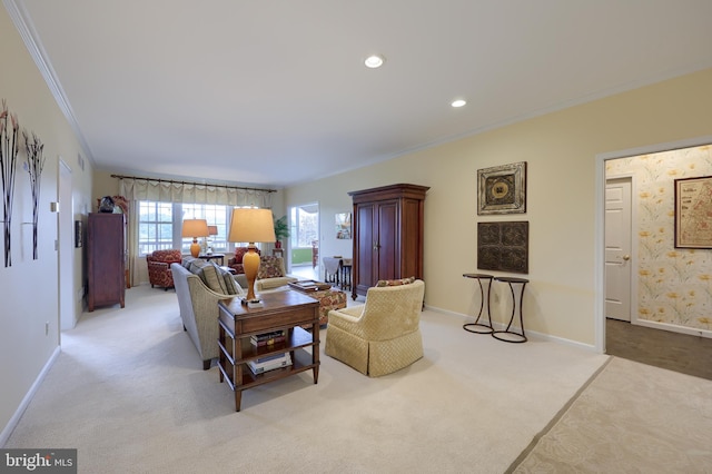 carpeted living room featuring crown molding