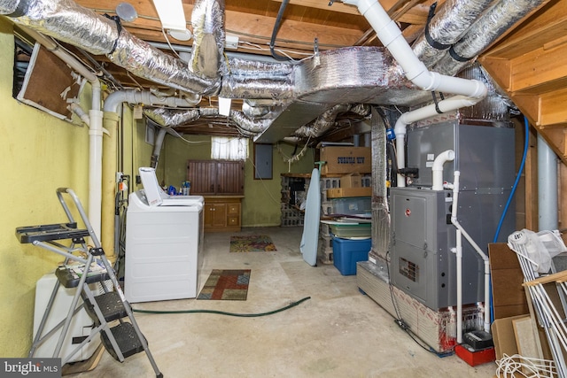 basement with washing machine and clothes dryer and electric panel