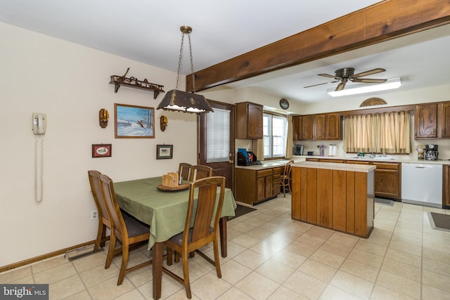 dining space featuring ceiling fan and sink