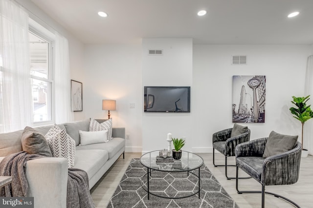 living room with light hardwood / wood-style floors and a healthy amount of sunlight