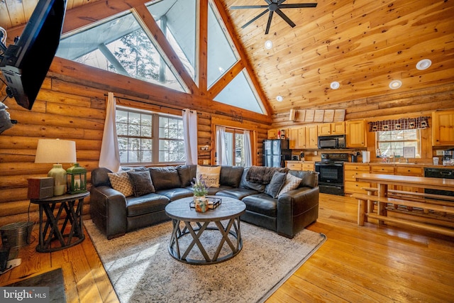 living room with wooden ceiling, rustic walls, high vaulted ceiling, light hardwood / wood-style flooring, and ceiling fan