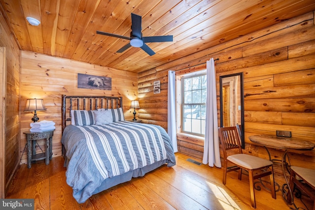 bedroom with hardwood / wood-style flooring, ceiling fan, log walls, and wood ceiling