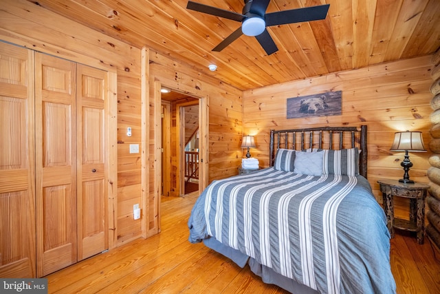 bedroom featuring ceiling fan, light hardwood / wood-style floors, and wooden ceiling