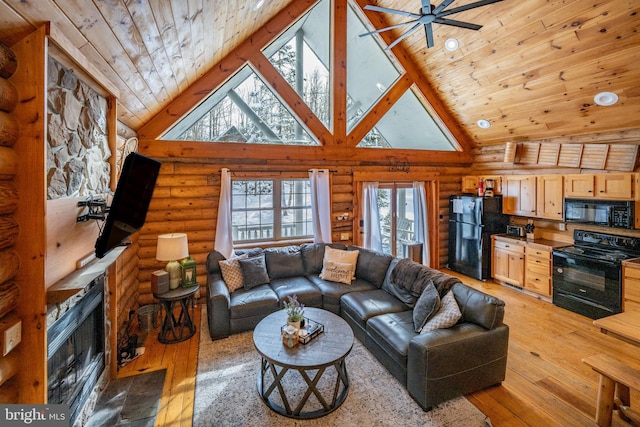 living room with rustic walls, light hardwood / wood-style flooring, wooden ceiling, and high vaulted ceiling