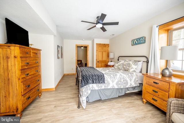 bedroom featuring light wood-type flooring and ceiling fan