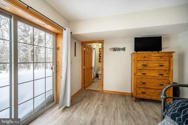 bedroom featuring connected bathroom, light hardwood / wood-style floors, and multiple windows