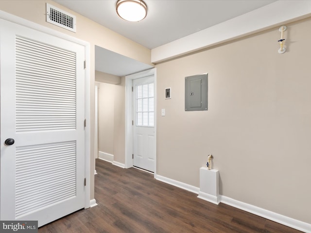 interior space with dark hardwood / wood-style flooring and electric panel