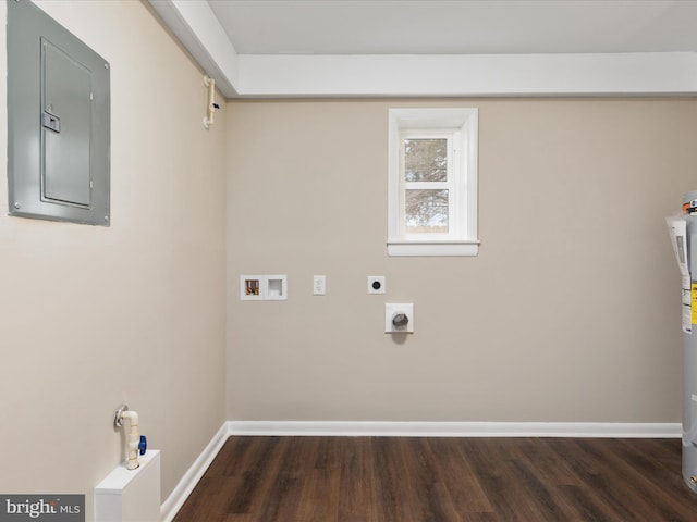 washroom with dark wood-type flooring, washer hookup, hookup for an electric dryer, and electric panel