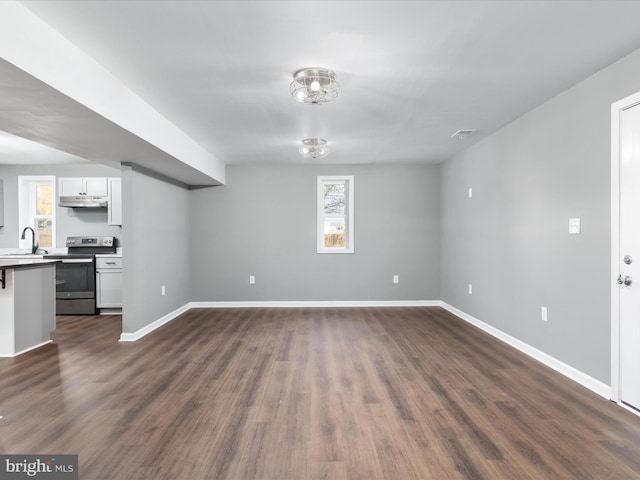 unfurnished living room with sink and dark hardwood / wood-style flooring