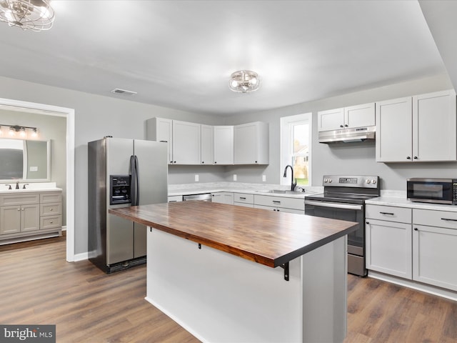 kitchen with white cabinetry, wood counters, stainless steel appliances, and sink