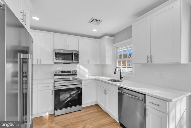 kitchen featuring backsplash, sink, white cabinetry, and stainless steel appliances