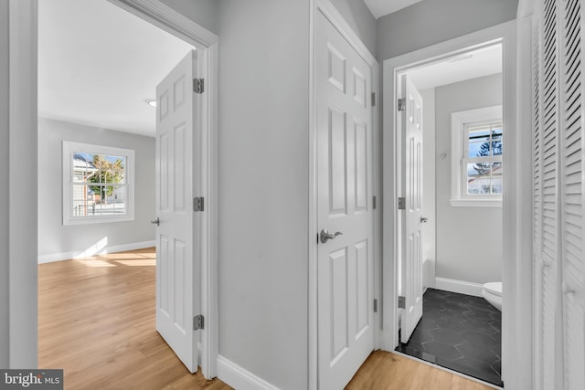 corridor with wood-type flooring