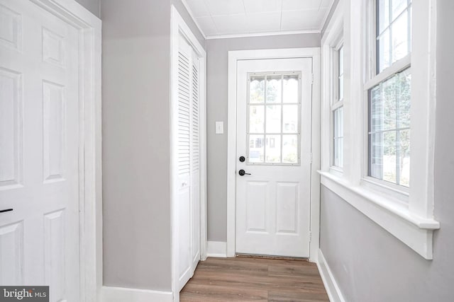 doorway to outside featuring crown molding and dark wood-type flooring