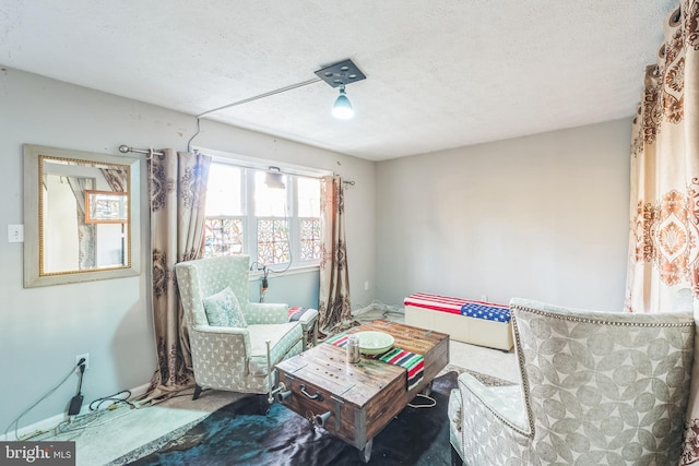 living area featuring a textured ceiling