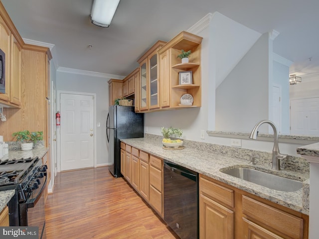 kitchen featuring sink, light stone counters, crown molding, and black appliances