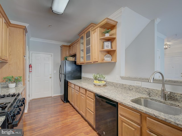 kitchen featuring black appliances, light stone counters, and sink