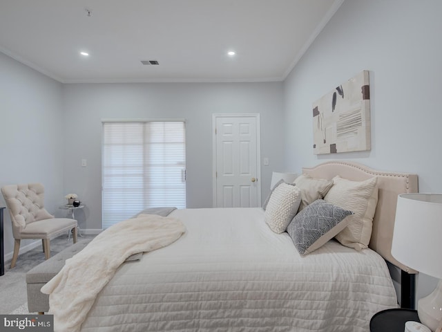 bedroom featuring light carpet and ornamental molding