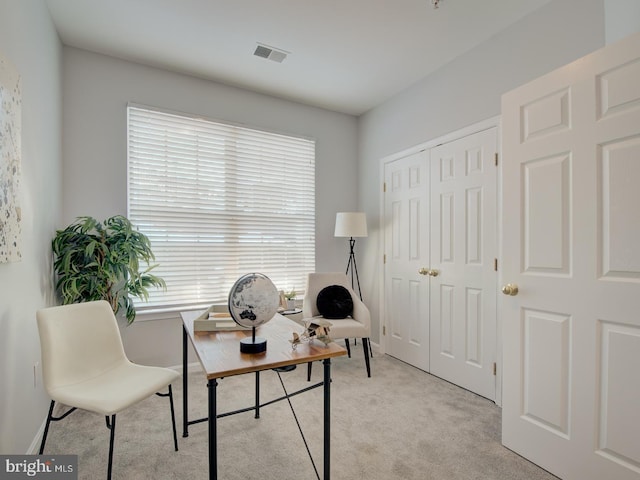 home office with light carpet