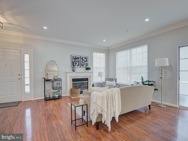 living room featuring wood-type flooring and ornamental molding