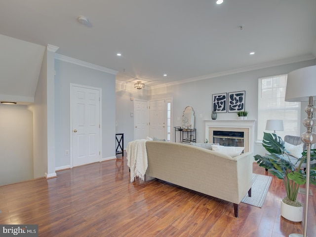 living room featuring hardwood / wood-style flooring and ornamental molding