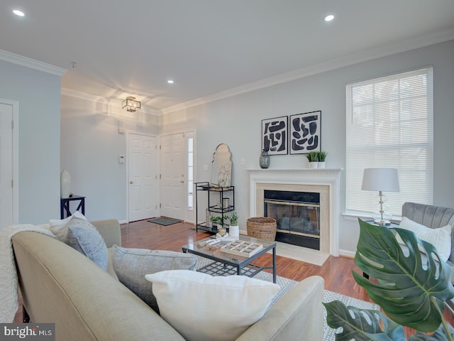 living room featuring light wood-type flooring and ornamental molding