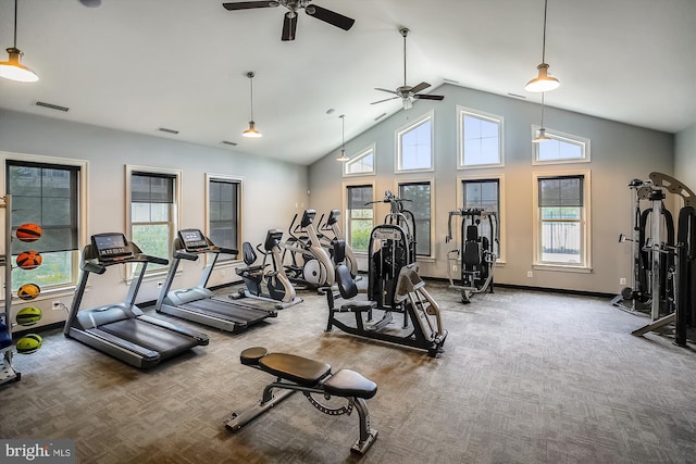 gym featuring ceiling fan, plenty of natural light, carpet flooring, and high vaulted ceiling