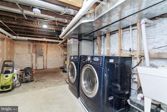 laundry room with sink, electric panel, and washer and dryer