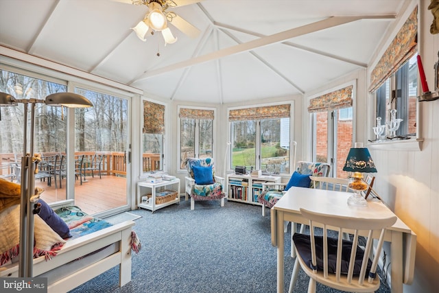 sunroom / solarium with vaulted ceiling and ceiling fan