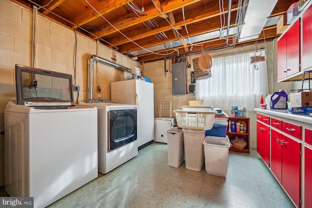 laundry room with cabinets, electric panel, and washing machine and clothes dryer