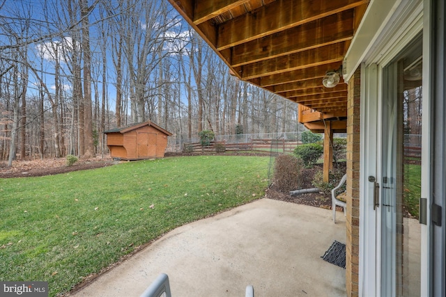 view of yard with a patio and a storage shed