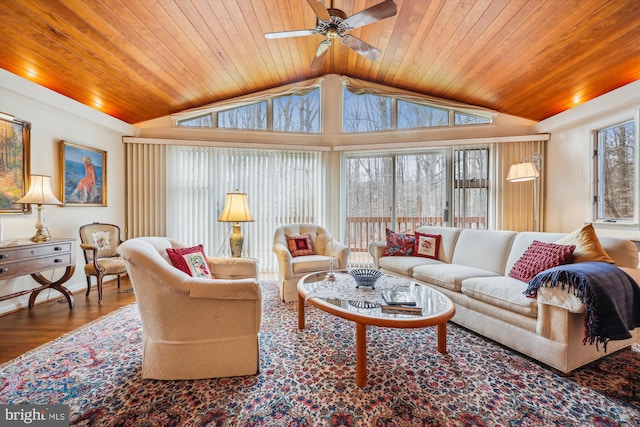 living room featuring ceiling fan, hardwood / wood-style floors, lofted ceiling, and wood ceiling