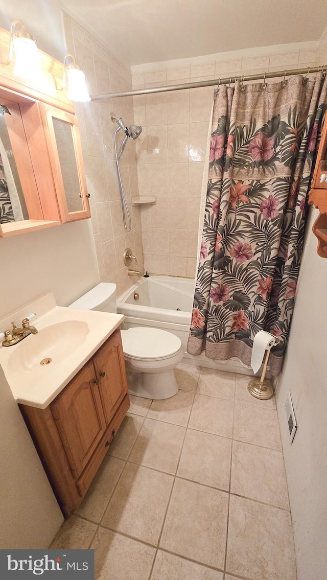 full bathroom featuring vanity, tile patterned flooring, shower / bathtub combination with curtain, and toilet