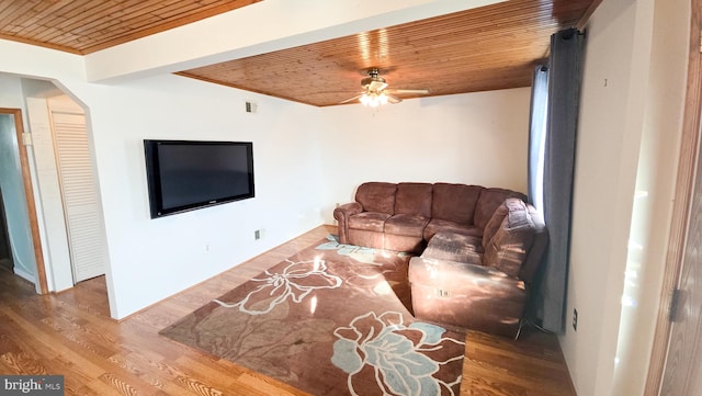 living room featuring ceiling fan, hardwood / wood-style floors, wooden ceiling, and ornamental molding