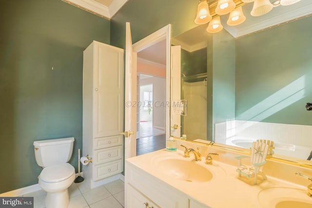 bathroom featuring toilet, ornamental molding, tile patterned floors, and vanity