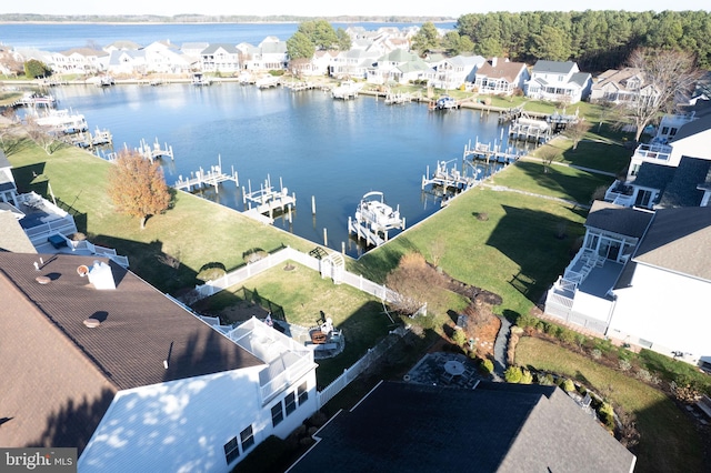 drone / aerial view featuring a water view